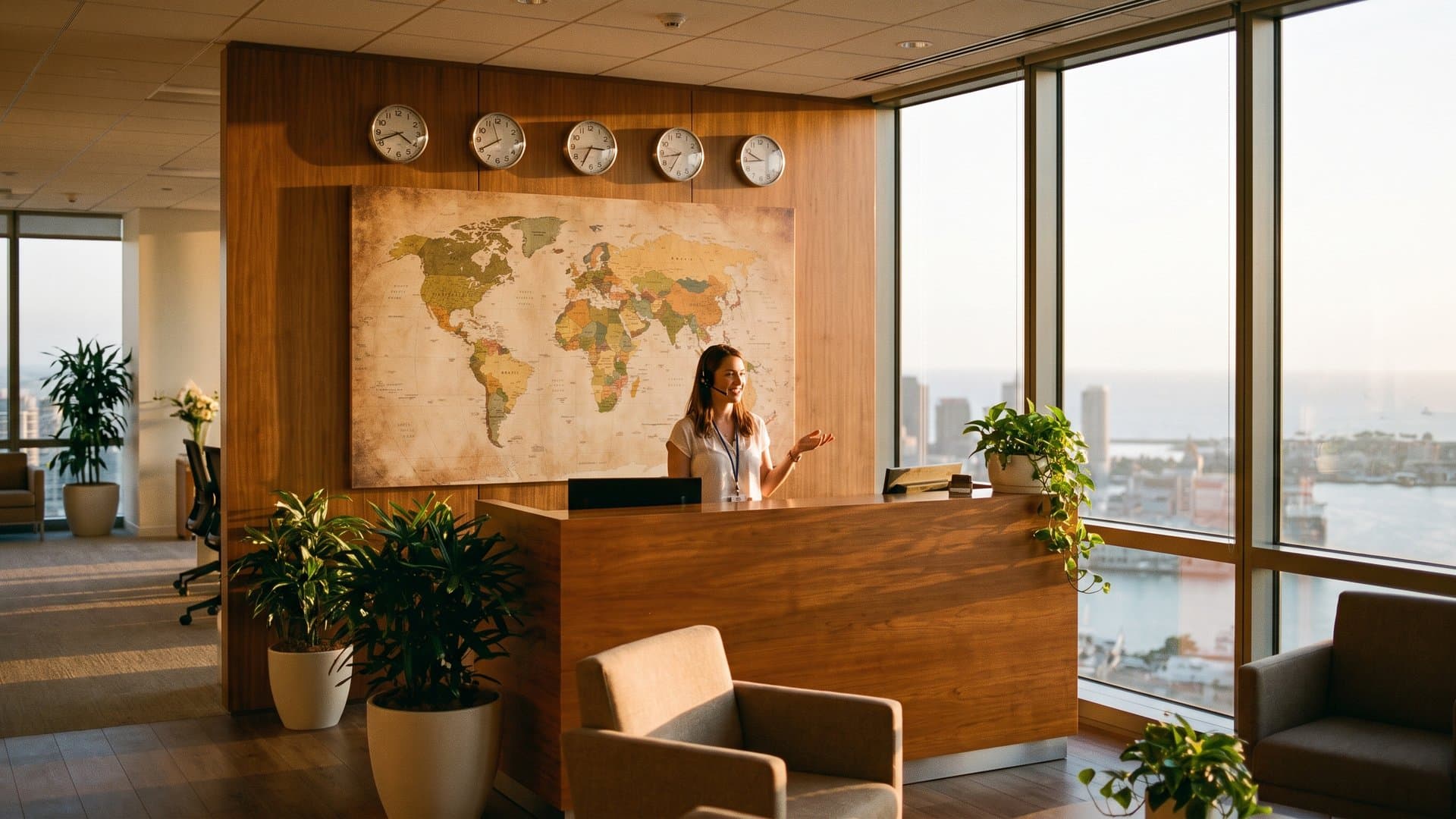 Een receptioniste voor een wereldkaart en klokken met verschillende tijdzones