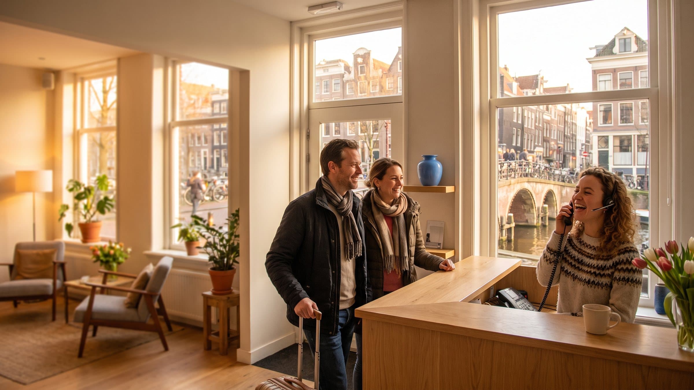 Een receptioniste lacht aan de telefoon in de receptie van een klein hotel in een Amsterdams grachtenpand, een stel met koffer wacht, buiten de gracht, een brug met fietsen en smalle gevels