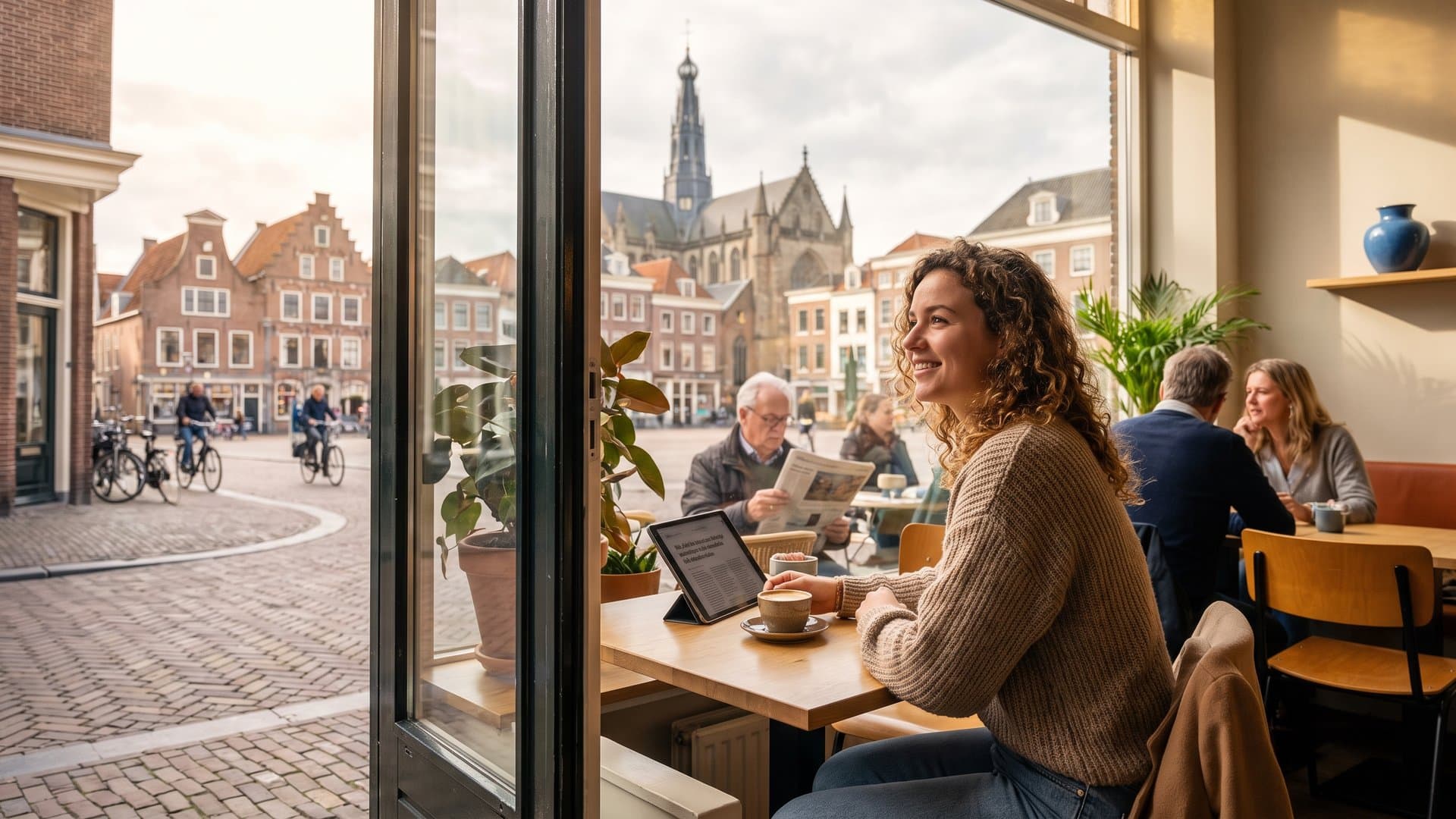 Een vrouw leest een artikel op haar tablet in een gezellig café
