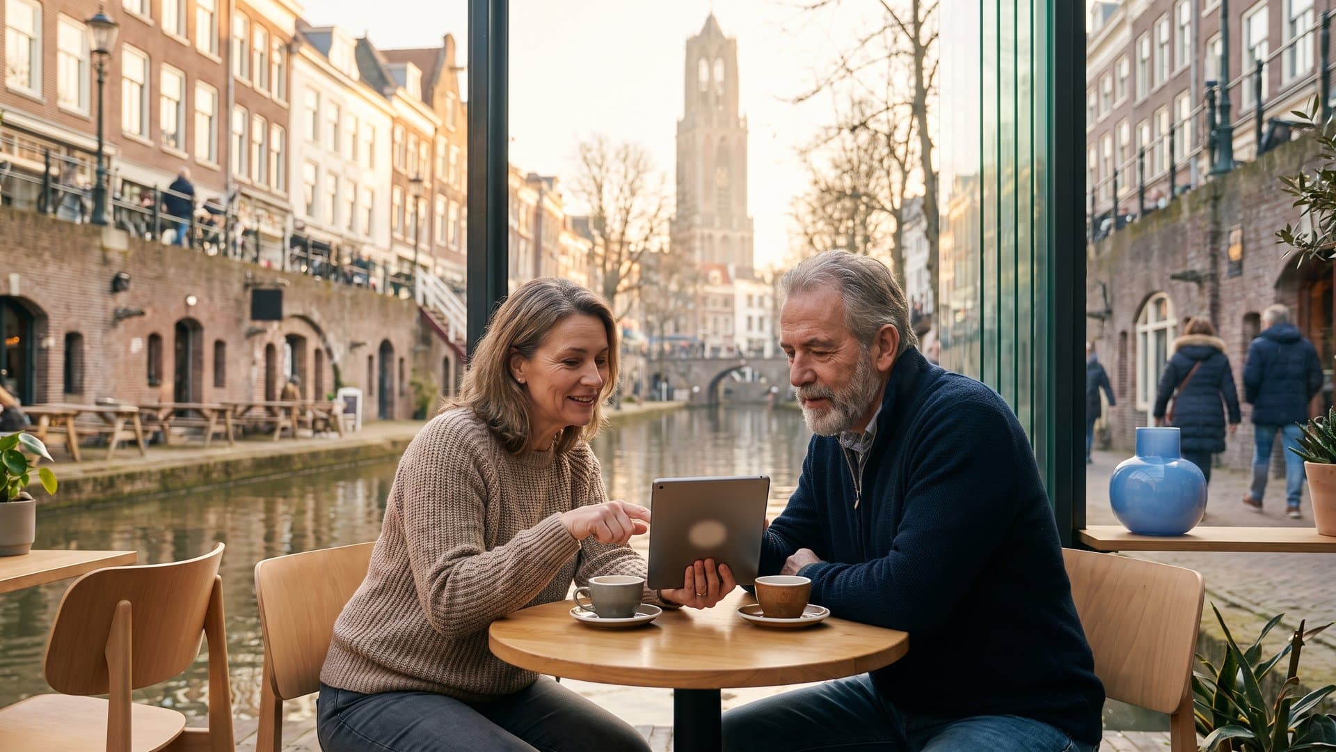 Een ondernemer vergelijkt twee opties op een tablet op een terras