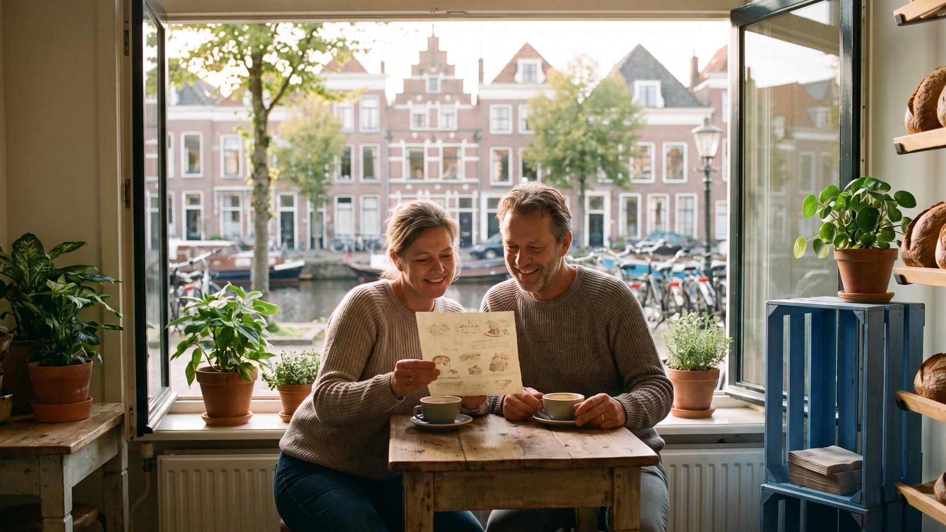 Een stel met een kleine bakkerij bekijkt bij de koffie een eenvoudig plan